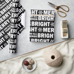 Christmas Gift Wrap Merry and Bright Black White