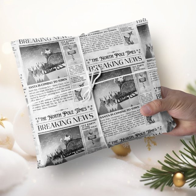 Christmas Gift Wrap Newspaper Wrap Modern  (Christmas Newspaper Wrapping Paper Black and White)