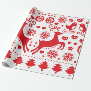 CHRISTMAS GIFT WRAP SCANDINAVIAN REINDEER IN RED