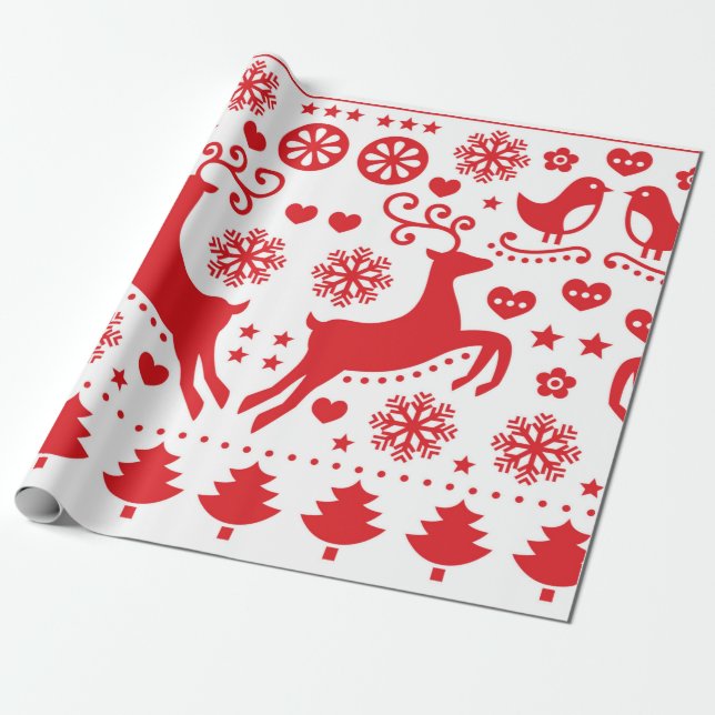 CHRISTMAS GIFT WRAP SCANDINAVIAN REINDEER IN RED (Unrolled)