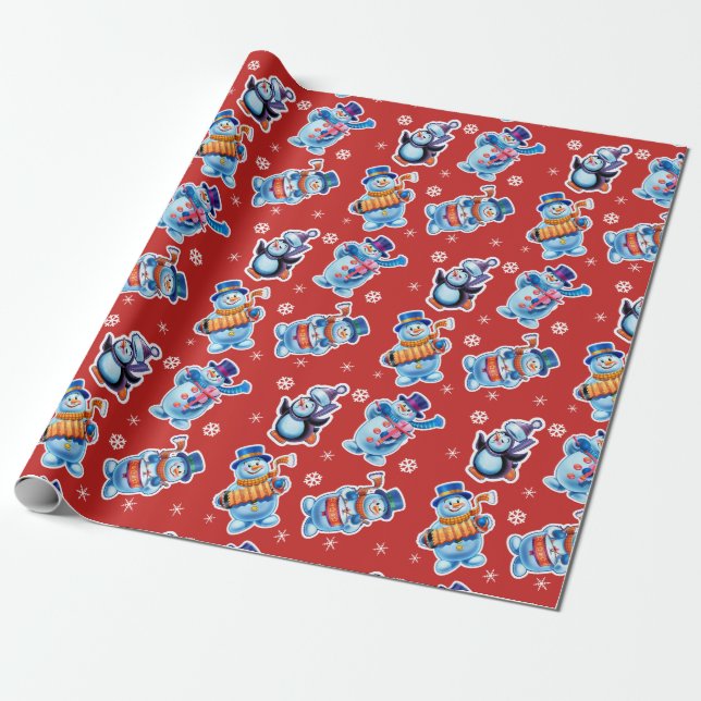 Christmas gift wrap Winter Wonderland Snowfolk. 3 (Unrolled)