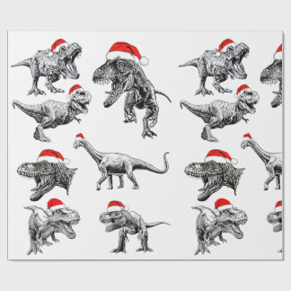 CHRISTMAS GIFT WRAP WITH DINOSAURS WITH SANTA HATS