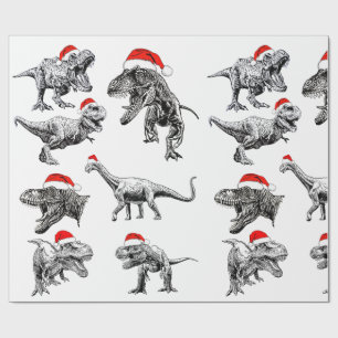 CHRISTMAS GIFT WRAP WITH DINOSAURS WITH SANTA HATS