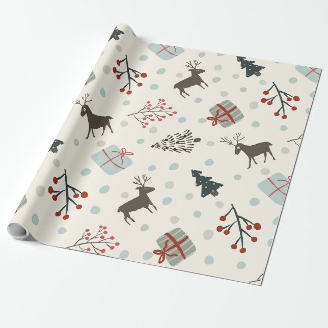 Christmas gift wrapping paper with reindeer, dots (Unrolled)