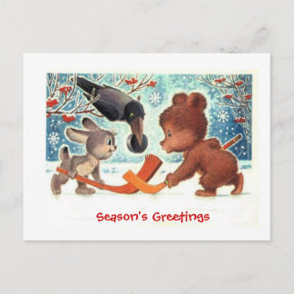 Christmas gifts, Animals playing ice hockey Holiday Postcard