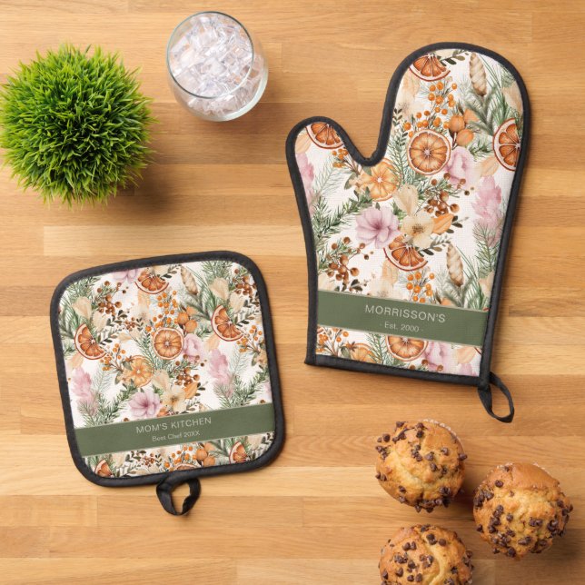 Christmas gifts for mum winter citrus botanical oven mitt & pot holder set (Top Down)