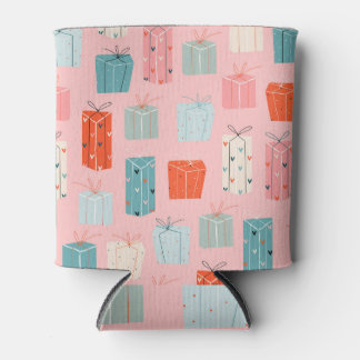 Christmas gifts, pink background, vintage pattern. can cooler