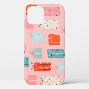 Christmas gifts, pink background, vintage pattern. iPhone 12 case