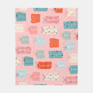 Christmas gifts, pink background, vintage pattern. fleece blanket