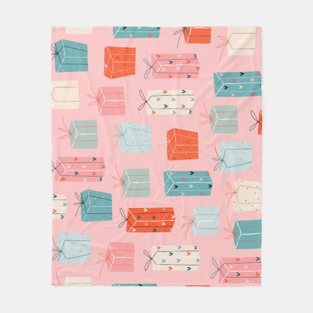 Christmas gifts, pink background, vintage pattern. fleece blanket (Front)