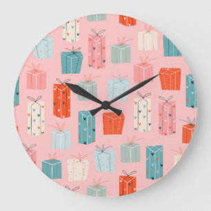 Christmas gifts, pink background, vintage pattern. large clock