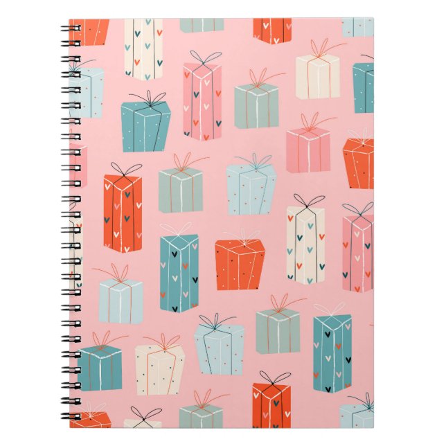 Christmas gifts, pink background, vintage pattern. notebook (Front)