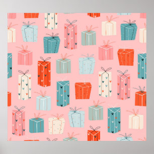 Christmas gifts, pink background, vintage pattern. poster