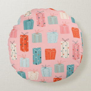 Christmas gifts, pink background, vintage pattern. round cushion