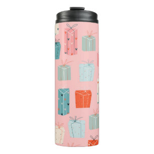 Christmas gifts, pink background, vintage pattern. thermal tumbler