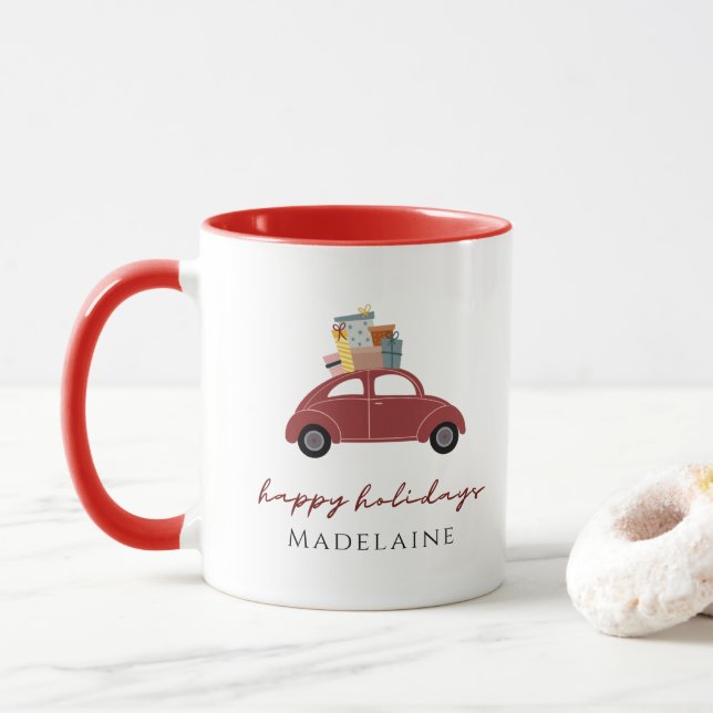 Christmas Gifts Red Car Your Name Happy Holidays Mug (With Donut)
