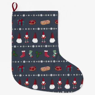Christmas gifts, Santa Claus and snowflakes Large Christmas Stocking