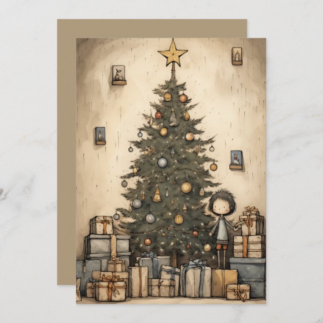 Christmas Gifts Under The Tree Illustration Holiday Card (Front/Back)
