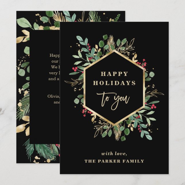 Christmas Gilded Greenery Black | Happy Holidays Holiday Card (Front/Back)