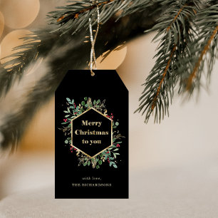 Christmas Gilded Greenery on Black Holiday Gift Tags