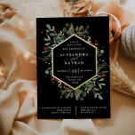 Christmas Gilded Greenery on Black Wedding<br><div class="desc">This gorgeous holiday wedding invitation features a gold foil geometric frame with matching gold leaves,  Christmas greenery,  and red holly berries on a modern black background. Perfect for your elegant winter wedding.</div>