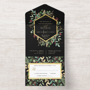 Christmas Gilded Greenery on Black Wedding Gold All In One Invitation