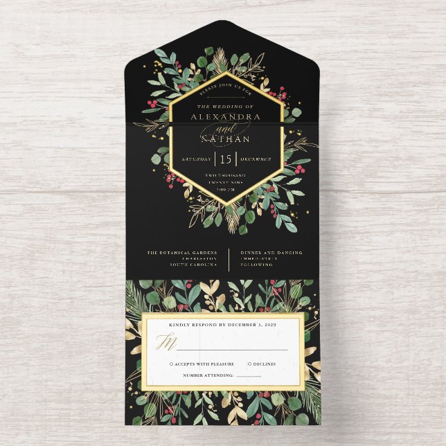 Christmas Gilded Greenery on Black Wedding | Gold All In One Invitation (Inside)