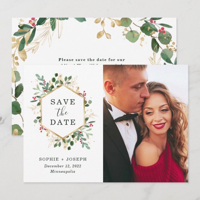 Christmas Gilded Greenery on White | Photo Save The Date (Front/Back)