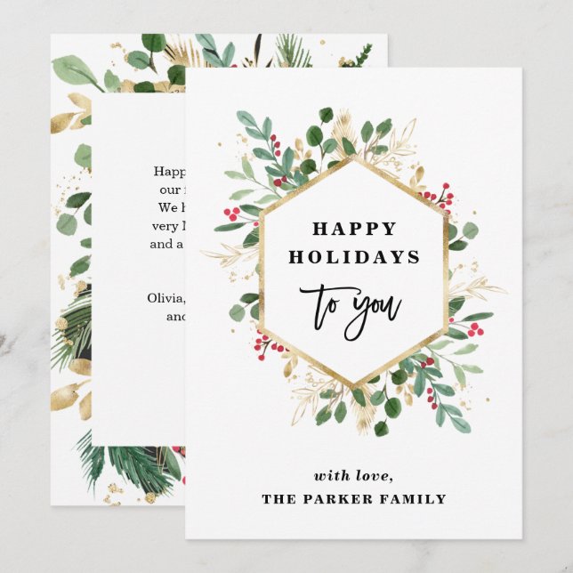 Christmas Gilded Greenery White | Happy Holidays Holiday Card (Front/Back)