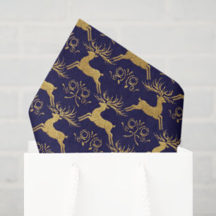 Christmas Gilded Leather Reindeer Navy Blue Tissue Paper