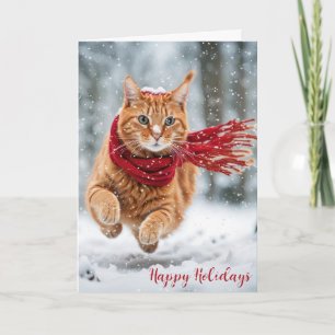Christmas Ginger Cat in Snowflakes Holiday Card