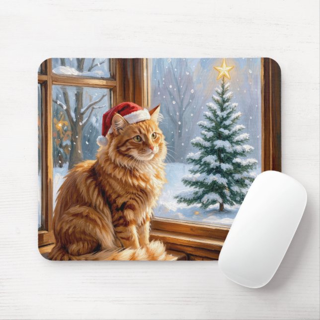 Christmas Ginger Cat Mouse Mat (With Mouse)