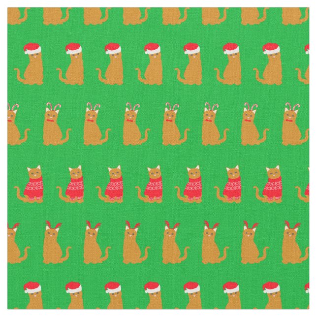 Christmas Ginger Cat Santa Hats Pattern on Green Fabric (Close Up)