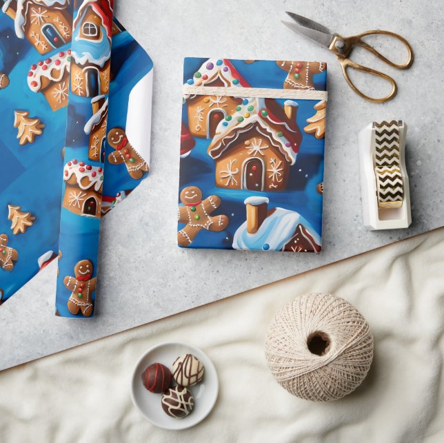 Christmas ginger Cookies Houses Trees Holiday deco Wrapping Paper (Crafts)