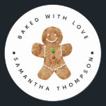 Christmas Gingerbread Baked with Love Classic Round Sticker<br><div class="desc">Custom sticker for the bakers and cooks that like to bake/cook and gift to others, or for those who do that professionally. There is an illustration of a gingerbread man in the middle. There is text that goes around in circle that says "baked with love". You can customise this product...</div>