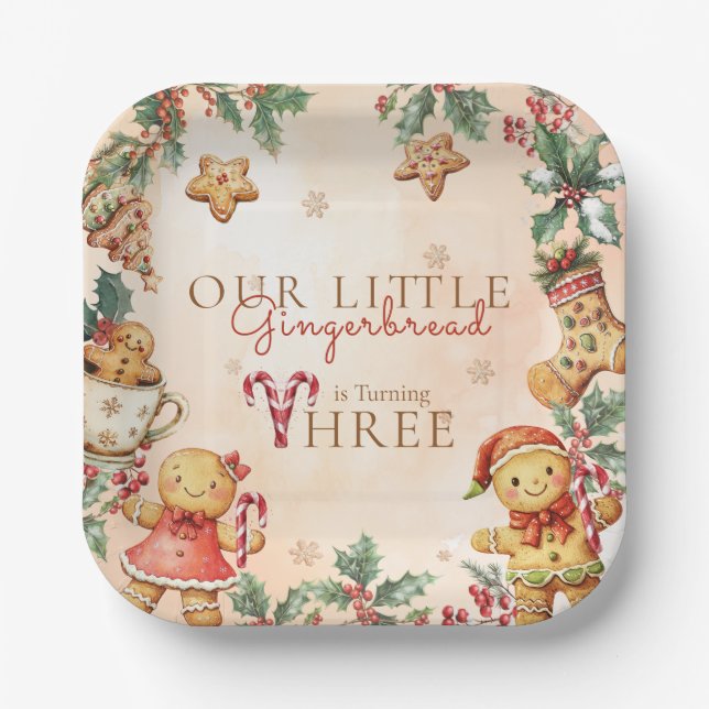 Christmas Gingerbread Birthday Three  Paper Plate (Front)