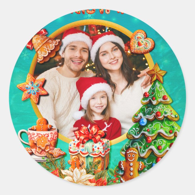 Christmas Gingerbread Candy House, and New Year Classic Round Sticker (Front)