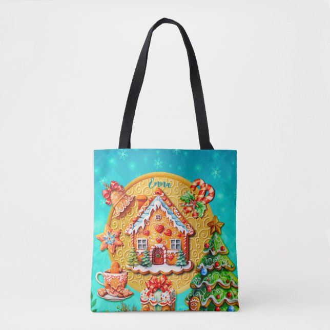 Christmas Gingerbread Candy House, and New Year Tote Bag (Front)