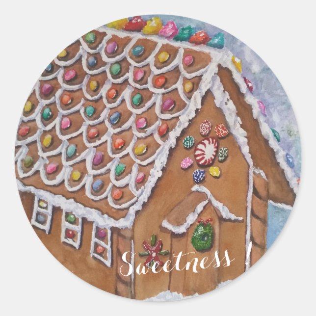 CHRISTMAS GINGERBREAD CANDY HOUSE SWEETNESS CLASSIC ROUND STICKER (Front)
