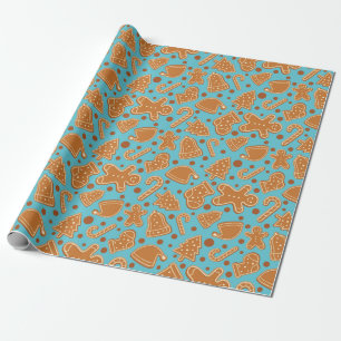 Christmas Gingerbread Cookie Festive Blue Seamless Wrapping Paper
