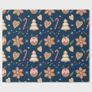 Christmas Gingerbread Cookie Navy Seamless pattern Wrapping Paper