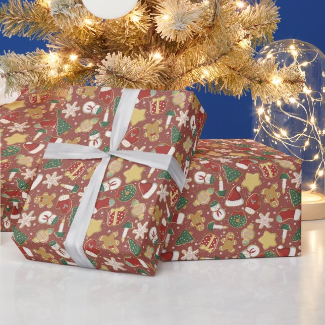 Christmas Gingerbread Cookie Pattern on Red Wrapping Paper (Holidays)