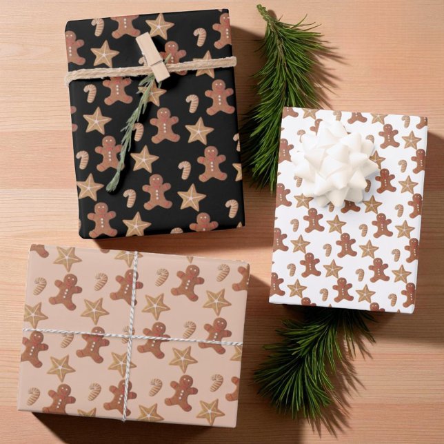 Christmas Gingerbread Cookie Pattern Wrapping Paper Sheet (Wrapped packages with each Christmas cookie pattern gift wrap sheet.)