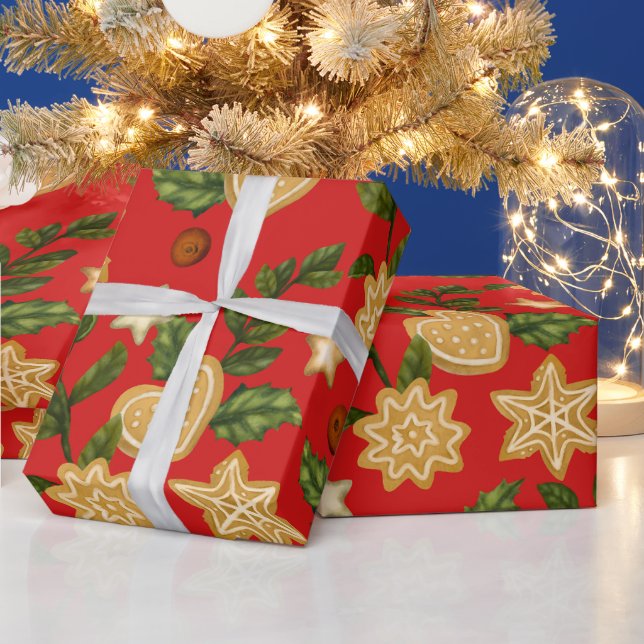 Christmas Gingerbread Cookies and Berries Red  Wrapping Paper (Holidays)