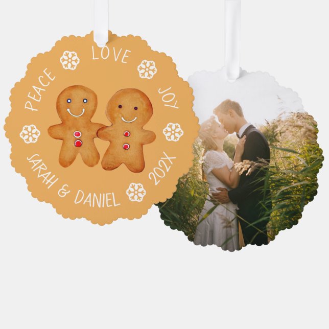 Christmas Gingerbread Couple Photo Snowflakes Cute Tree Decoration Card (Front/Back)