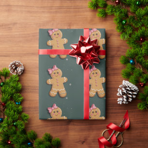 Christmas Gingerbread Girl Pink Bow Coquette  Wrapping Paper