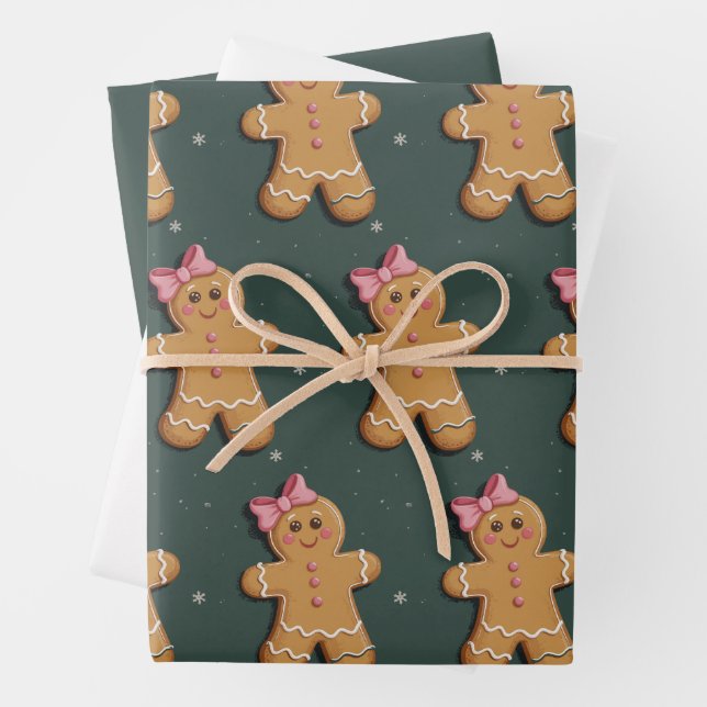 Christmas Gingerbread Girl Pink Bow Coquette  Wrapping Paper Sheet (In situ)