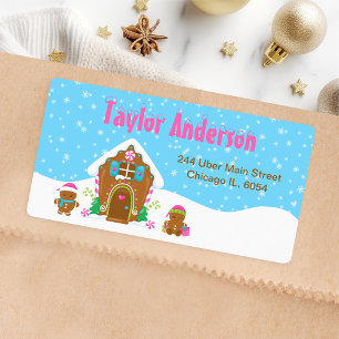 Christmas Gingerbread House Blue and Pink Label