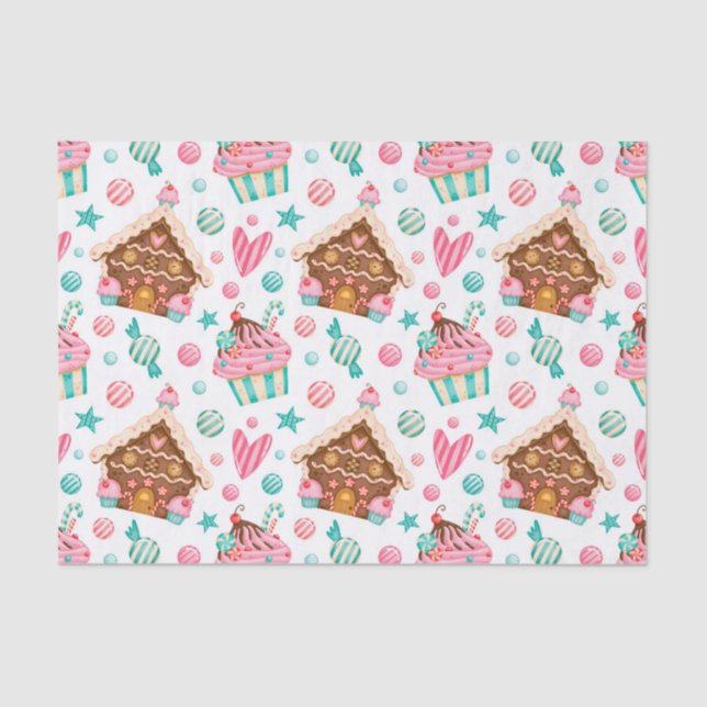 Christmas Gingerbread House, Candy & Cupcakes Tissue Paper (Front)
