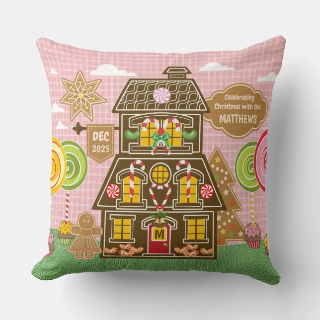 Christmas Gingerbread House Cookie Candy Lollipop Cushion (Front)